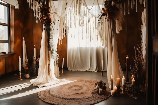 Inspirez-vous de cette vue de face d'une arche de mariage Boho décorée d'une superposition de gaze en étamine fine