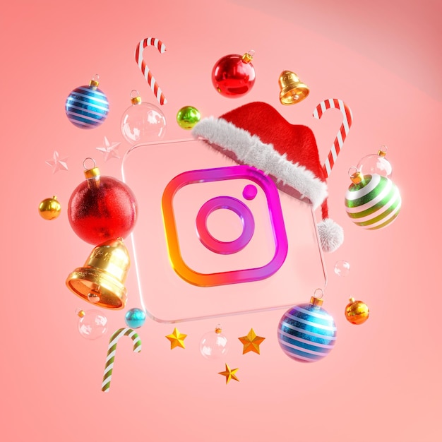 Instagram Logo Verre Carré Ornement De Noël Fond Rose Rendu 3D