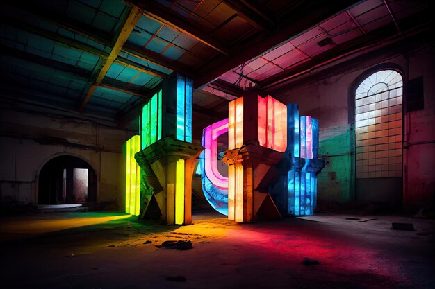 Installation d'art moderne en ruine industrielle avec néons et couleurs vives