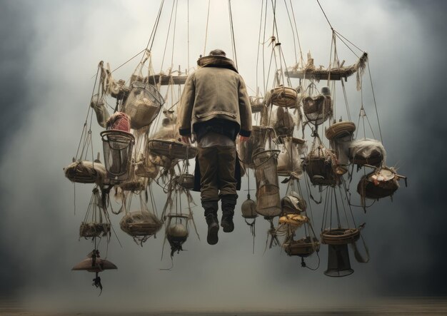 Photo une installation d'image inspirée de l'art d'un équipement de chasse suspendu en l'air avec plusieurs expositions