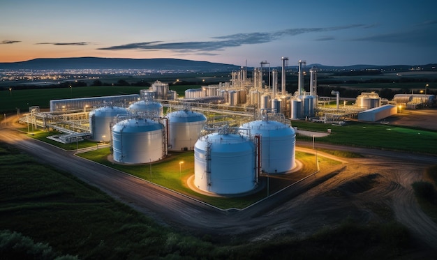 Installation industrielle moderne Grands réservoirs de pétrole dans la base de raffinerie Stockage de produits chimiques comme le pétrole, l'essence et le gaz Vue aérienne de la zone industrielle pétrolière au coucher du soleil