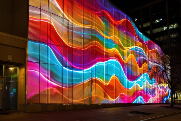 Une installation de lumière LED représentant des modèles d'ondes colorées projetées sur un bâtiment la nuit