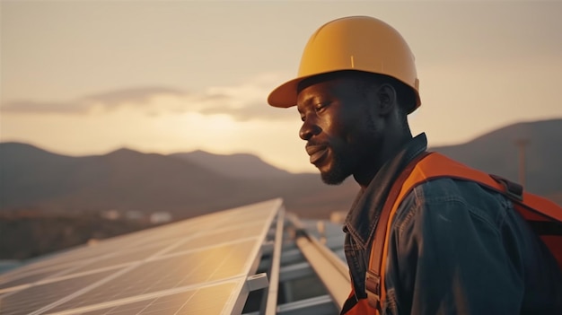 Installation de panneaux solaires sur un toit par un électricien noir utilisant des technologies respectueuses de l'environnement The Generative AI