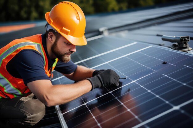 Installation de panneaux solaires Travailleur de la construction avec casque de sécurité travaillant sur le toit