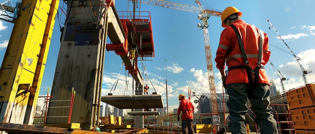 Installation de poutres en acier avec des grues et des travailleurs dans Hard Hatsquot