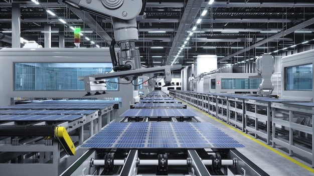 Installation de production en série produisant des cellules solaires illustration 3D