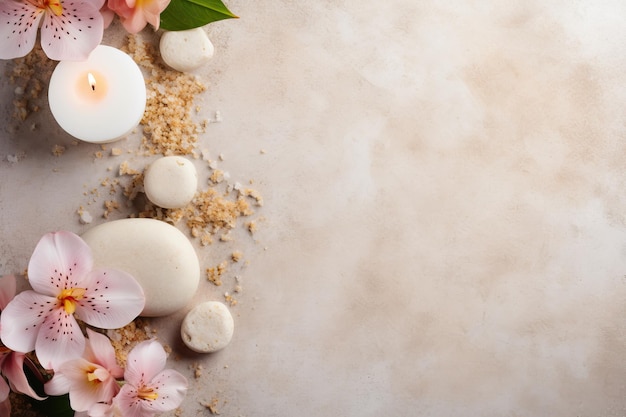 Installation de spa avec des produits de soins du corps et de beauté sur fond de pierre vue du haut santé et bien-être co