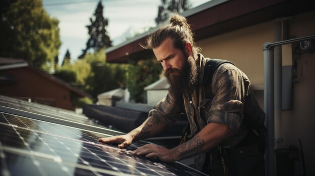 Installation d'un système de panneaux solaires photovoltaïques Technicien en panneaux solaires installant des panneaux solaires sur le toit