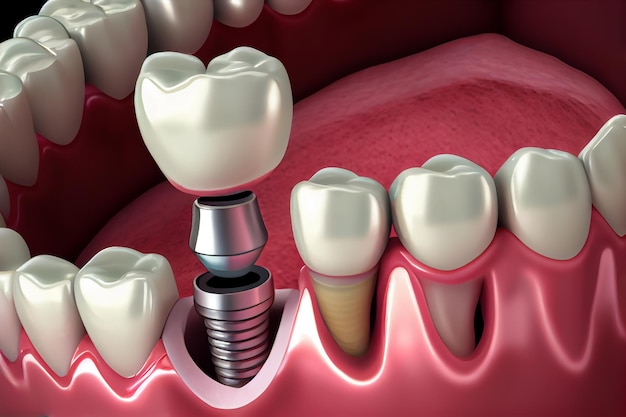 Photo installation de la vis métallique de la dent d'implant et de la couronne blanche d'une illustration de soins dentaires ai générative