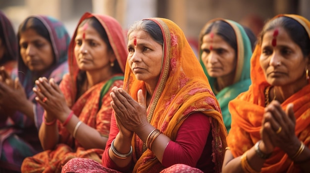 Photo un instantané capturant un groupe de femmes engagées dans des prières ferventes et offrant des rituels pendant teej t