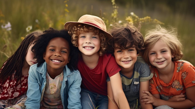 Photo un instantané d'enfants divers appréciant la compagnie des autres à la campagne