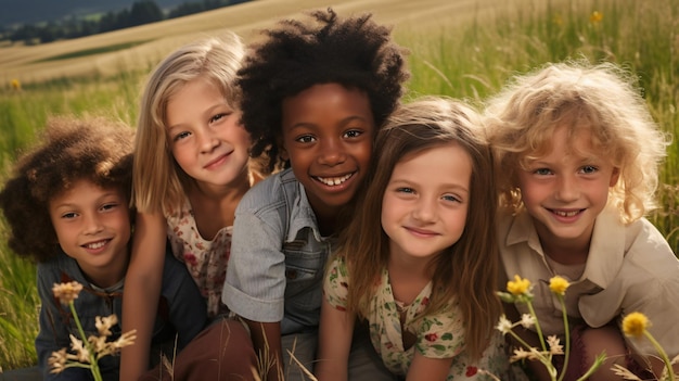 Un instantané d'enfants divers appréciant la compagnie des autres à la campagne