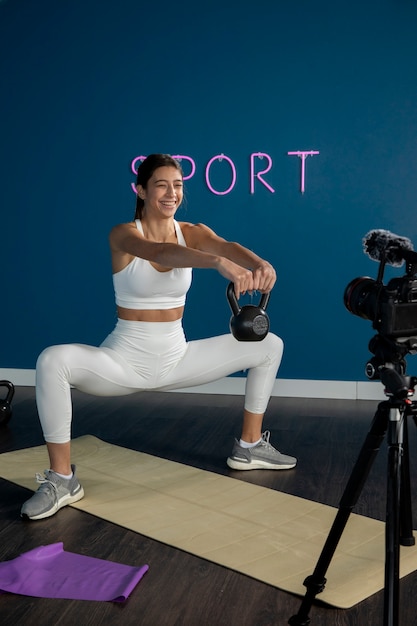 Photo instructeur de conditionnement physique féminin enseignant un cours à la maison tout en utilisant un appareil photo sur trépied