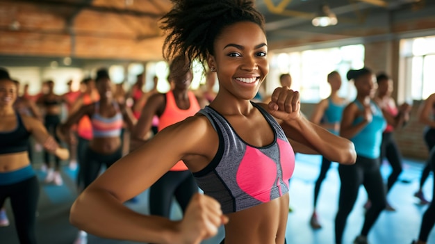 Un instructeur de fitness dynamique menant avec passion un cours d'entraînement à haute énergie motivant et inspirant les participants à repousser leurs limites