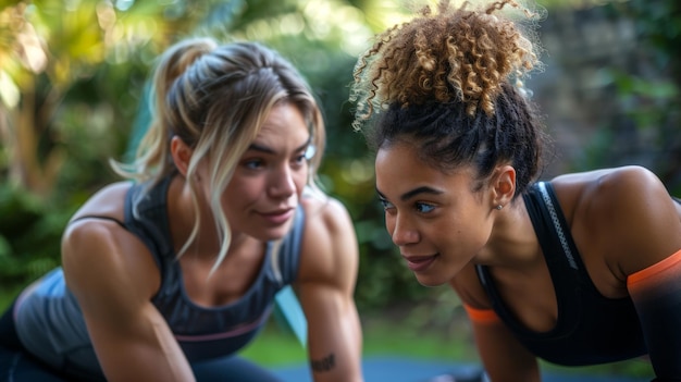 Instructeur guidant une femme à travers une routine d'exercice IA générative