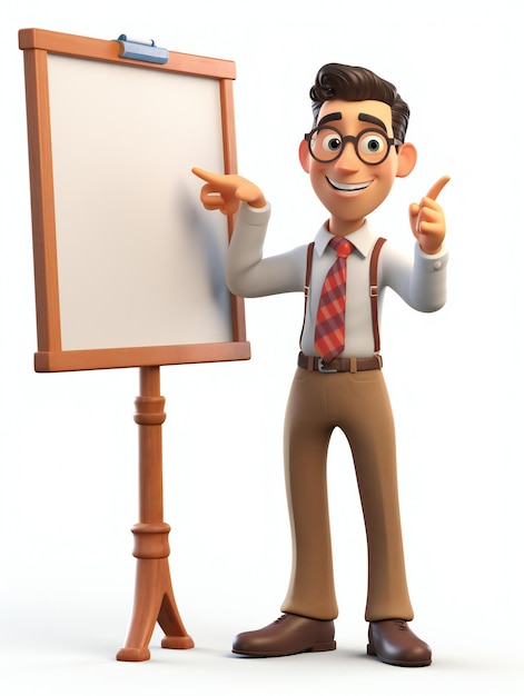 Photo instruction animée le personnage de l'enseignant 3d démontre avec un tableau blanc sur fond blanc