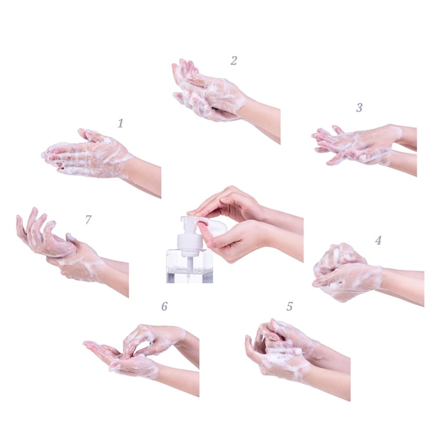 Photo instruction étape de lavage des mains isolée sur fond blanc jeune femme asiatique utilisant du savon liquide concept de protection contre le coronavirus pandémique de près