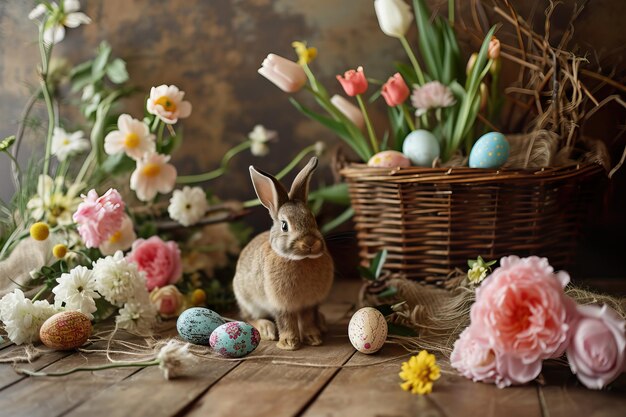 Instructions de printemps avec des fleurs colorées, des fleurs roses, du lapin et des œufs de Pâques