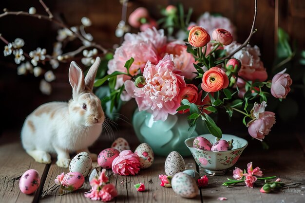 Instructions de printemps avec des fleurs colorées, des fleurs roses, du lapin et des œufs de Pâques