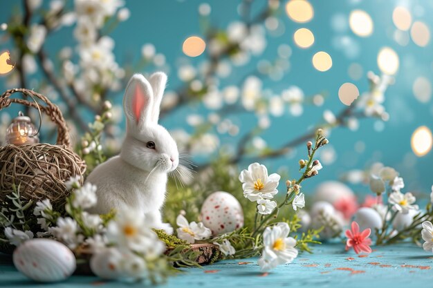 Instructions de printemps avec des fleurs colorées, des fleurs roses, du lapin et des œufs de Pâques