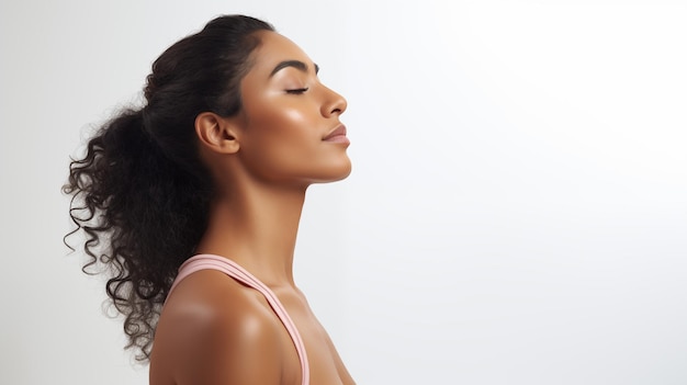 Une instructrice de yoga indienne regarde vers la gauche dans une pose de réflexion