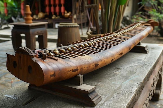 Photo un instrument en bois assis sur le dessus d'une table