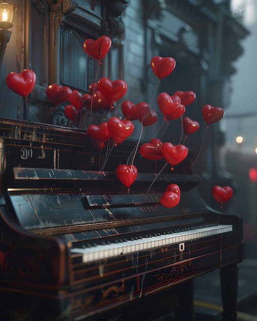Instrument de musique décoré de pétales de ballon en forme de cœur
