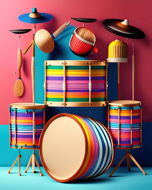 instruments de musique à percussion colorés à côté de bandes multicolores