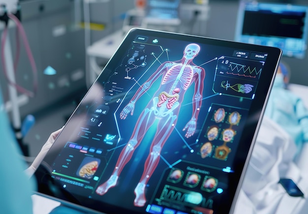 Intégration de technologies avancées dans les soins de santé visualisation 3D détaillée de l'anatomie humaine sur une tablette dans un environnement hospitalier moderne