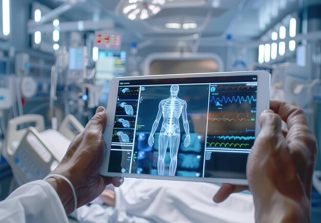 Intégration de technologies avancées dans les soins de santé visualisation 3D détaillée de l'anatomie humaine sur une tablette dans un environnement hospitalier moderne