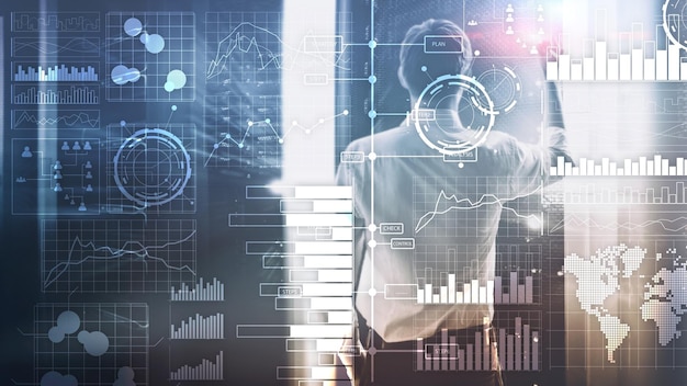 Intelligence d'affaires Diagramme Graphique Stock Trading Tableau de bord d'investissement arrière-plan flou transparent