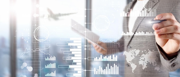 Intelligence d'affaires Diagramme Graphique Stock Trading Tableau de bord d'investissement arrière-plan flou transparent