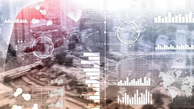 Intelligence d'affaires Diagramme Graphique Stock Trading Tableau de bord d'investissement arrière-plan flou transparent