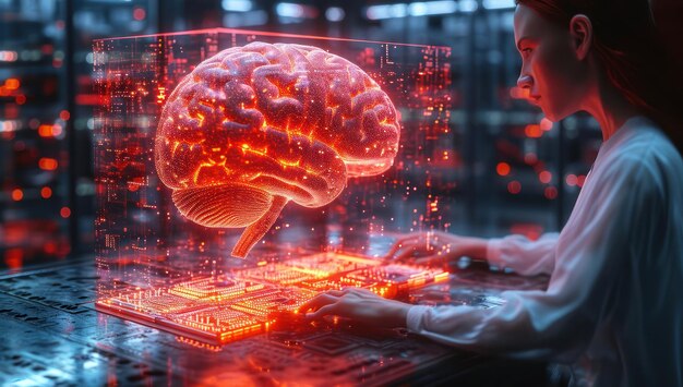 L'intelligence artificielle brillante cerveau sur ordinateur circuits électroniques cartes rapprochées extrêmes IA générative