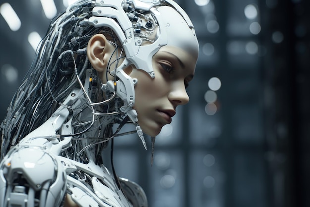 Intelligence artificielle et concept futuriste Visages humains et robots en gros plan générés par l'IA