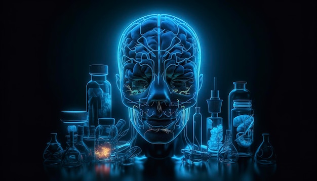 L'intelligence artificielle un cyber-humain humanoïde avec un réseau de neurones pense au concept d'IA de données volumineuses ou de cybersécurité Concept de chat GPT L'IA avec un cerveau numérique traite les données volumineuses AI générative
