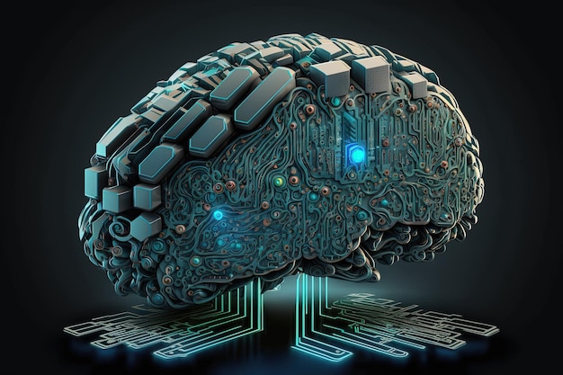 Intelligence artificielle futur cerveau cyber implants illustration apprentissage industrie science cyberespace innovation progrès technologique néon gadgets technologie concept AI