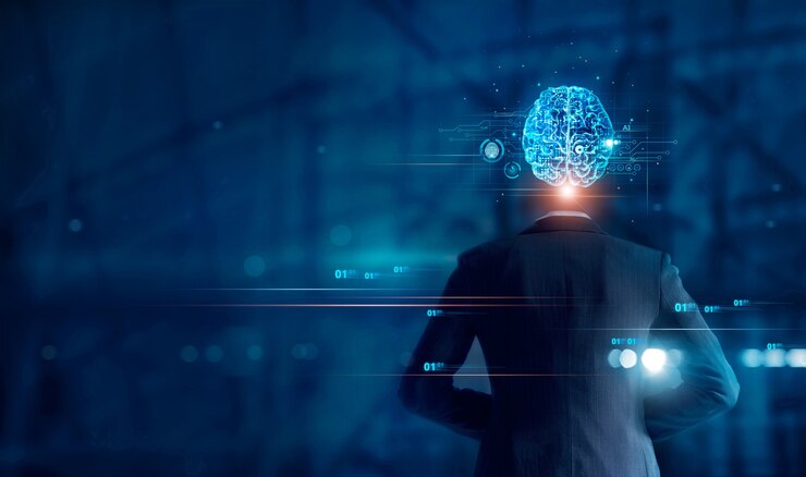 Photo intelligence artificielle homme d'affaires et réseau neuronal cérébral de l'ia avec circuit imprimé