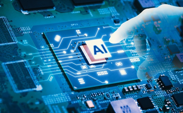 L'intelligence artificielle (IA) et le concept d'apprentissage automatique Processeur informatique touchant la main futuriste