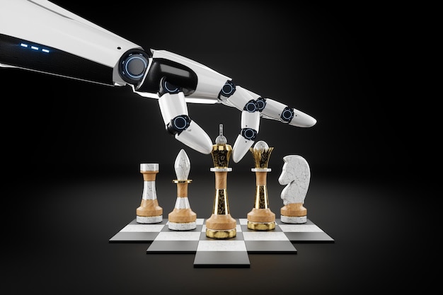 L'intelligence artificielle de la main du robot joue aux échecs Concept Résoudre des problèmes humains Développer un réseau neuronal Technologie avancée Algorithmes complexes Illustration 3D Rendre 3D