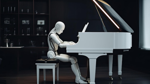 Intelligence artificielle en musique robot humanoïde jouant du piano dans une pièce élégante