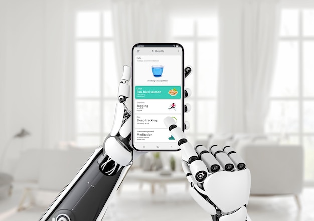 L'intelligence artificielle pour le concept de gestion de la santé La main du robot tient un téléphone portable avec une application de santé L'application suit l'exercice de nutrition et d'autres aspects d'un mode de vie sain