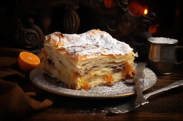 L'intelligence artificielle présente une image alléchante tranche de strudel fraîchement cuite sur une table rustique