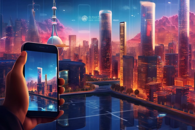 L'intelligence artificielle regarde l'IA de la ville intelligente contrôle l'infrastructure de la ville l'IA générative