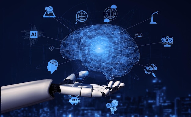 Intelligence artificielle de rendu 3D Recherche IA sur le développement de robots et de cyborgs pour l'avenir des personnes vivant Exploration de données numériques et conception de technologies d'apprentissage automatique pour le cerveau informatique