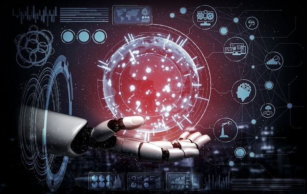 Intelligence artificielle de rendu 3D Recherche IA sur le développement de robots et de cyborgs pour l'avenir des personnes vivant Exploration de données numériques et conception de technologies d'apprentissage automatique pour le cerveau informatique