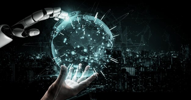 Intelligence artificielle de rendu 3D Recherche IA sur le développement de robots et de cyborgs pour l'avenir des personnes vivant Exploration de données numériques et conception de technologies d'apprentissage automatique pour le cerveau informatique