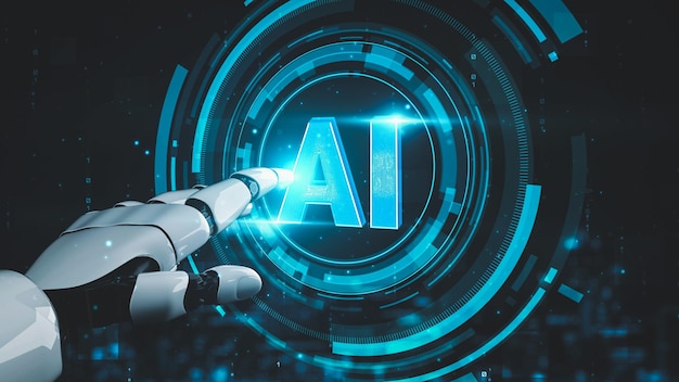 L'intelligence artificielle d'un robot futuriste éclaire le développement de la technologie de l'IA et le concept d'apprentissage automatique Recherche scientifique bionique robotique mondiale pour l'avenir de la vie humaine Graphique de rendu 3D