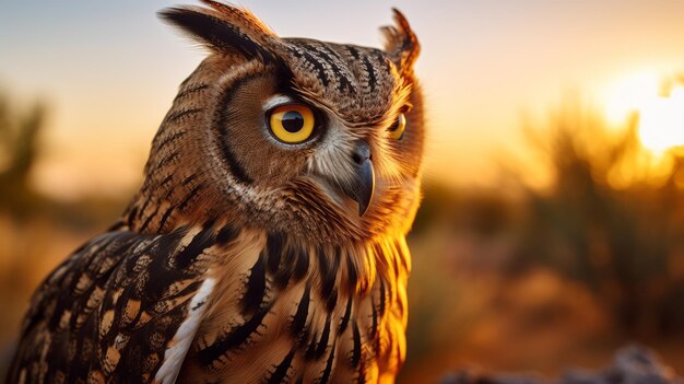 Photo intense gros plan majestic owl dans le désert à l'heure d'or