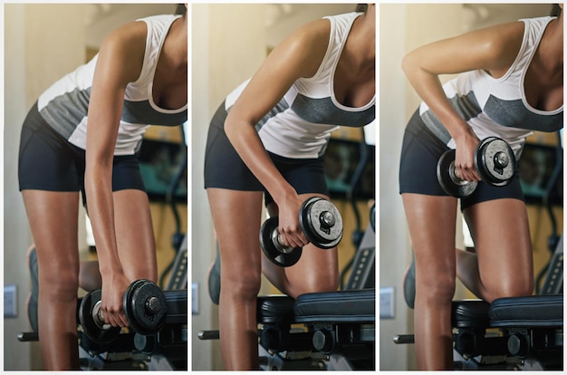 Intensifier sa routine de musculation Série d'images d'une jeune femme soulevant un haltère au gymnase